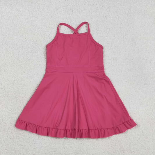 S0727 Solid Rose Red Halter Yoga Dresses for Girls 202603 RTS