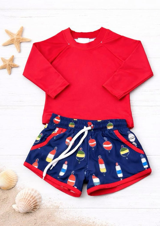 MOQ 5 PCS Preorder S0728 Solid Red Long Sleeve Top Fish Float Pattern Blue Shorts Boys Sets Swimsuits 202602