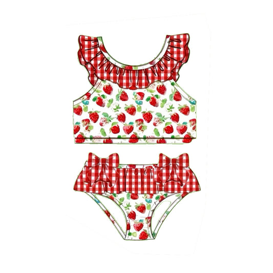 MOQ 5 PCS Preorder S0731 Strawberry Red Plaid Ruffle Sleeveless Top with Bummies Swim Girls Sets Swimsuits 202601