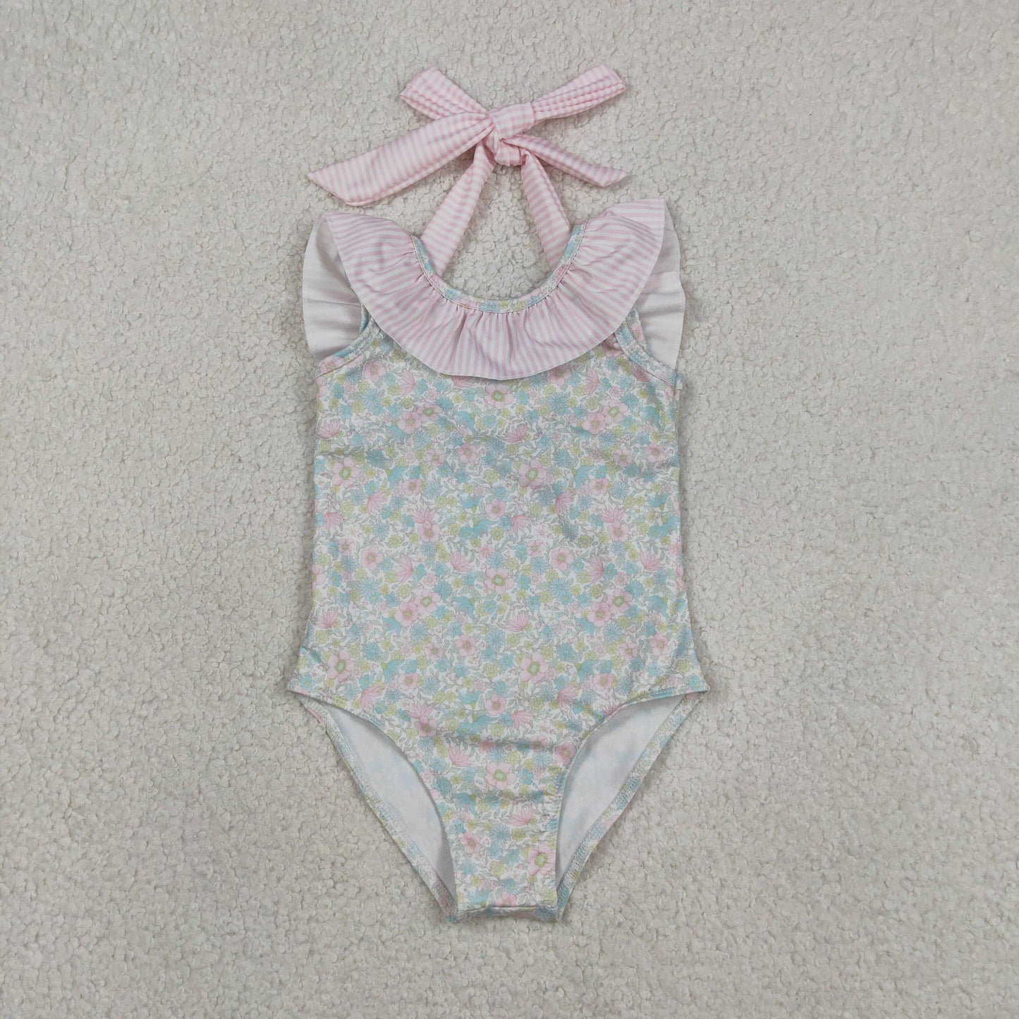S0732 Floral Big Bow Ruffle Sleeveless Bubble Romper Girls Swimsuits 202604 RTS