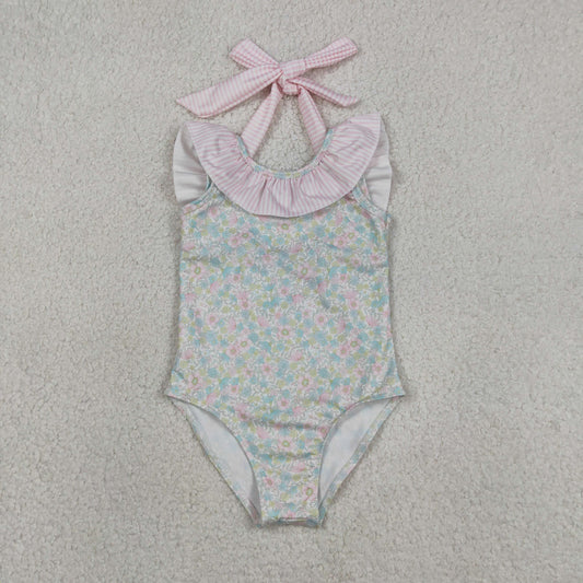S0732 Floral Big Bow Ruffle Sleeveless Bubble Romper Girls Swimsuits 202604 RTS