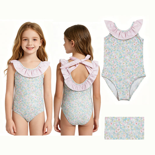 S0732 Floral Big Bow Ruffle Sleeveless Bubble Romper Girls Swimsuits 202604 RTS