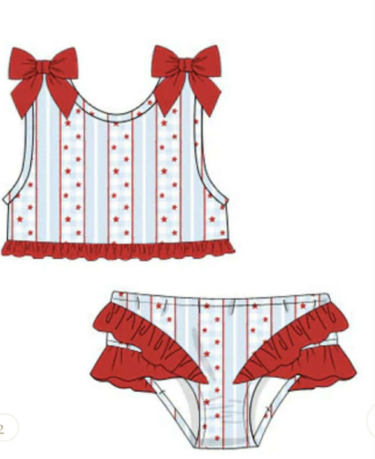 MOQ 5 PCS Preorder S0735 4th of July Star Red Ruffle Sleeveless Bummies Girls Sets Swimsuits 202602