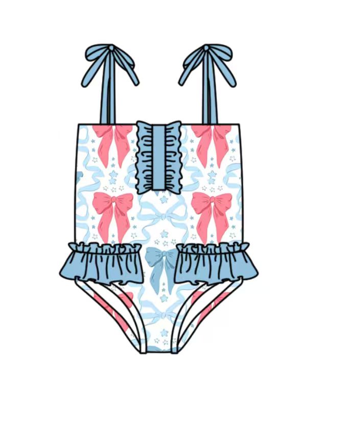 MOQ 5 PCS Preorder S0740 4th of July Red Blue Bows Star Ruffle Sleeveless Bubble Romper Girls Swimsuits 202603