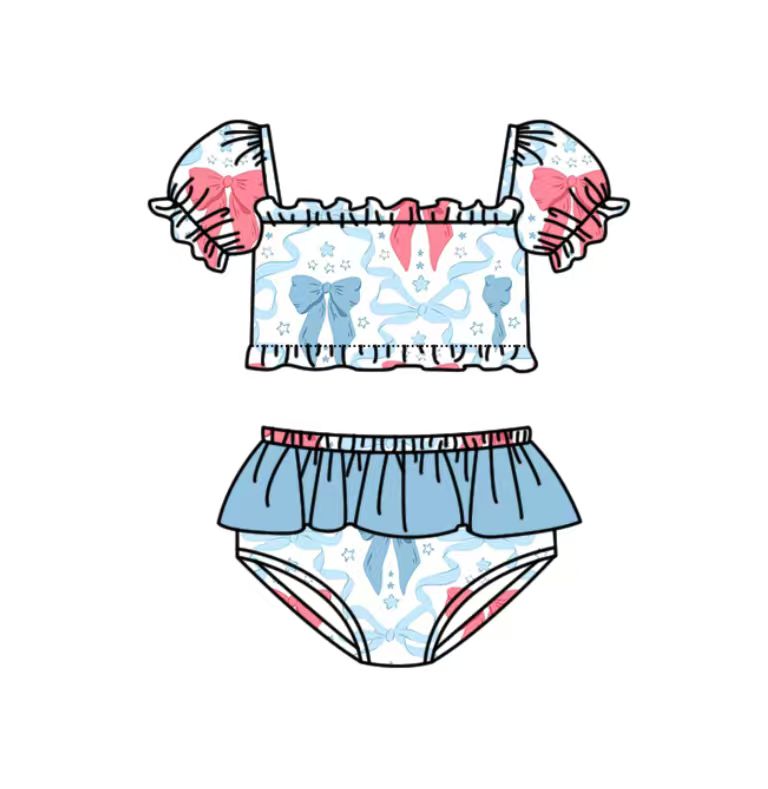 MOQ 5 PCS Preorder S0741 4th of July Red Blue Bows Star Short Sleeve Top with Ruffle Bummies Swim Girls Sets Swimsuits 202603