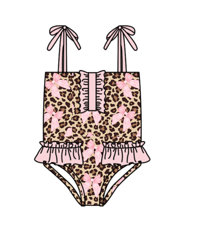 MOQ 5 PCS Preorder S0742 Leopard Pink Bows Ruffle Sleeveless Bubble Romper Girls Swimsuits 202603