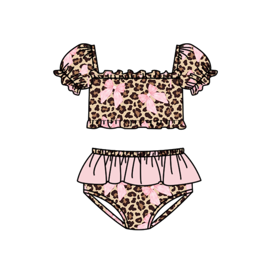 MOQ 5 PCS Preorder S0743 Leopard Pink Bows Short Sleeve Top with Ruffle Bummies Swim Girls Sets Swimsuits 202603