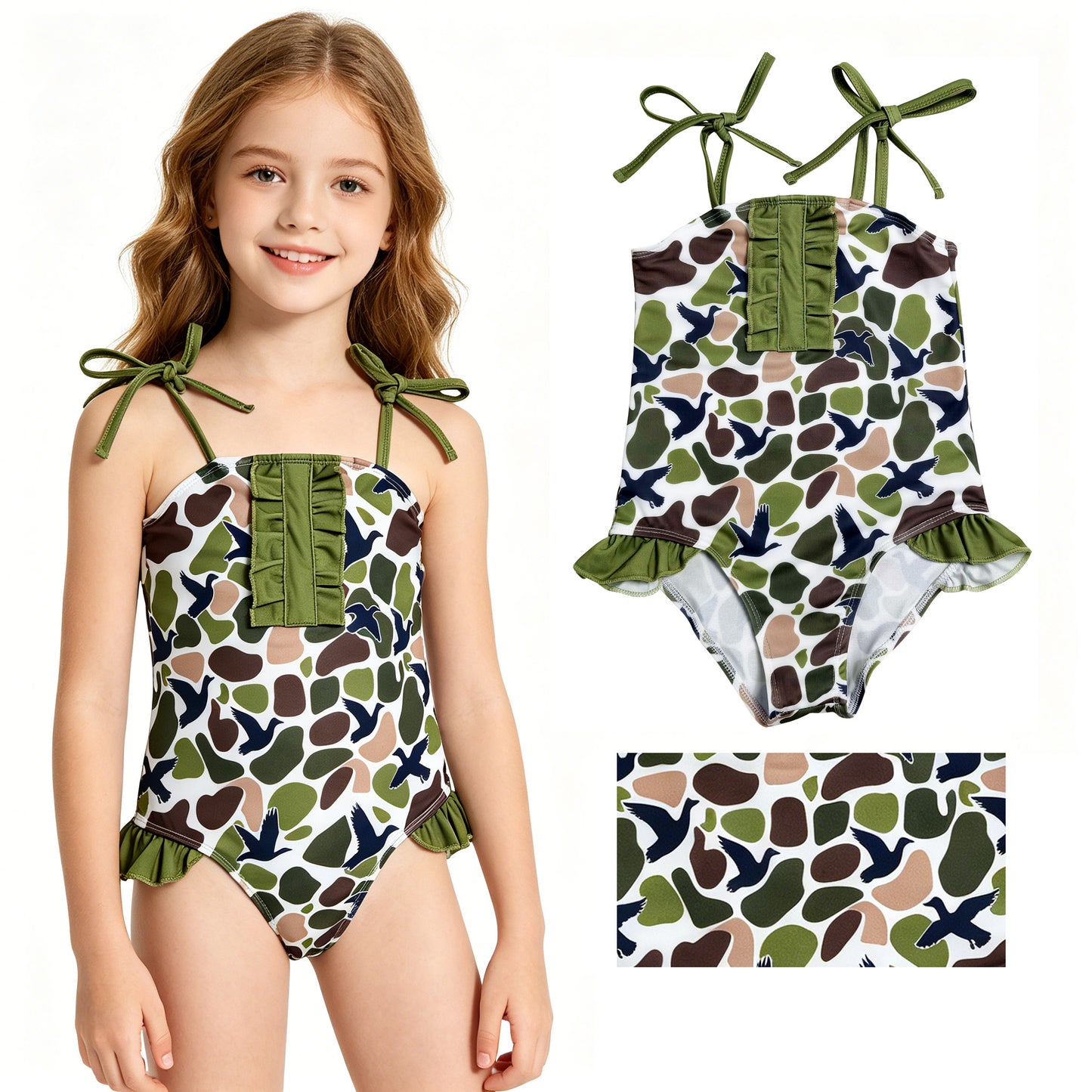 S0744 Duck Hunting Camouflage Dark Green Ruffle Sleeveless Bubble Romper Girls Swimsuits 202606 RTS