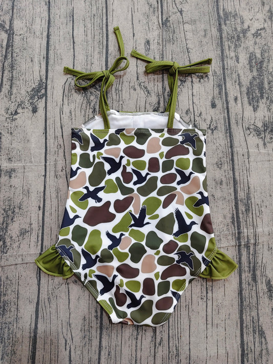 NO MOQ Preorder S0744 Duck Hunting Camouflage Dark Green Ruffle Sleeveless Bubble Romper Girls Swimsuits 202604