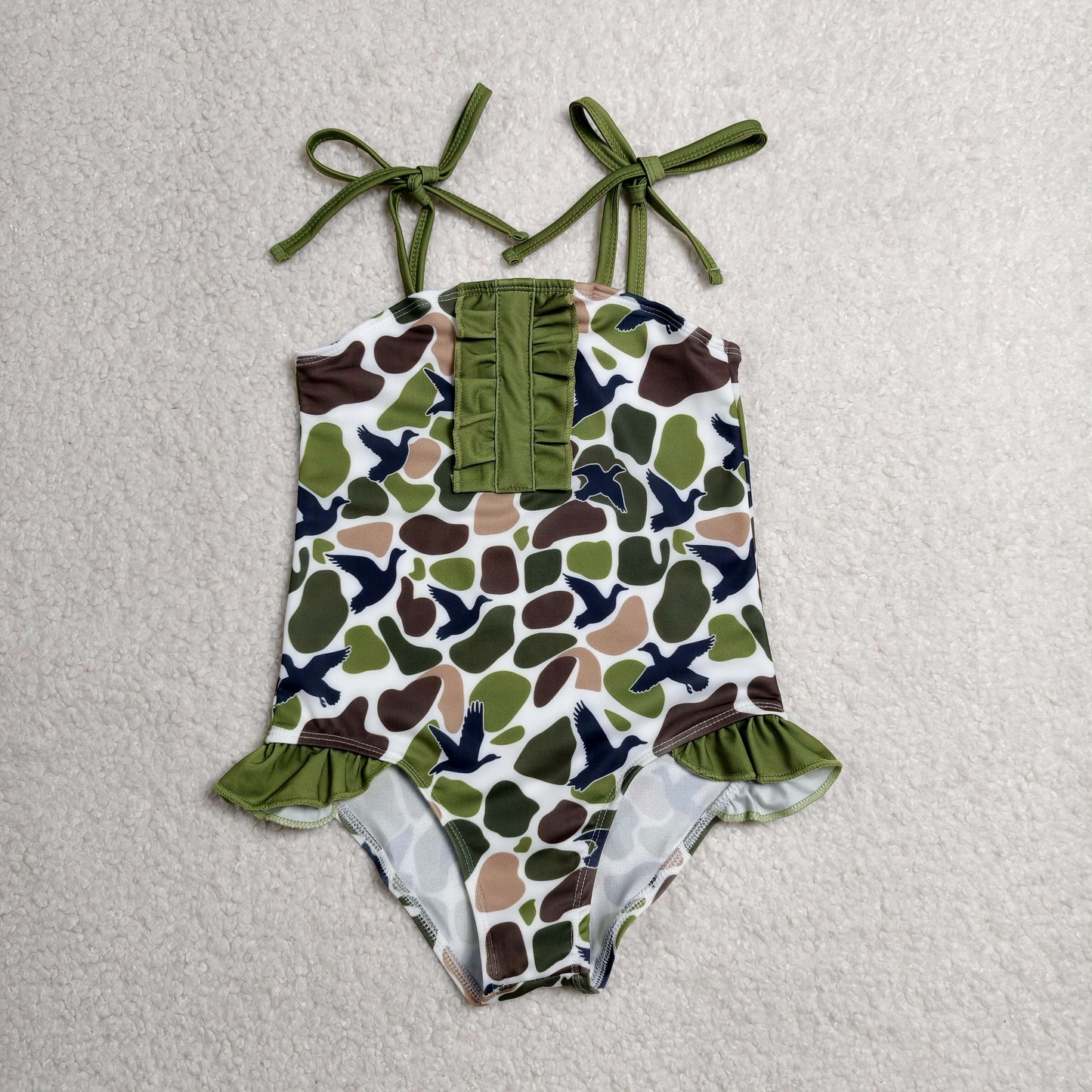 S0744 Duck Hunting Camouflage Dark Green Ruffle Sleeveless Bubble Romper Girls Swimsuits 202606 RTS