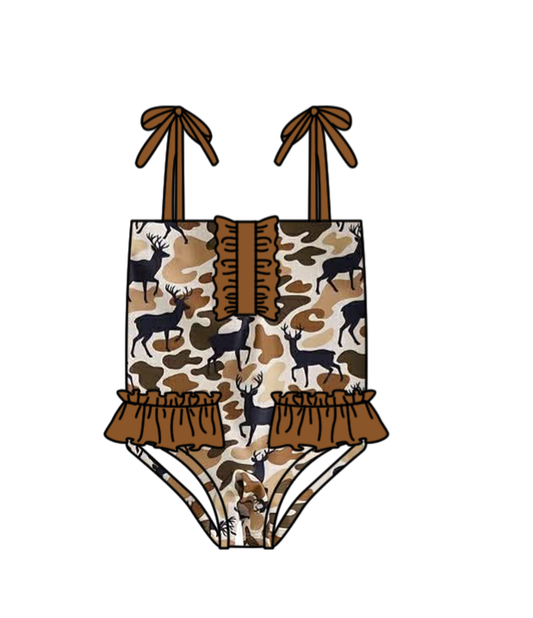 MOQ 5 PCS Preorder S0746 Deer Hunting Camouflage Brown Ruffle Sleeveless Bubble Romper Girls Swimsuits 202603