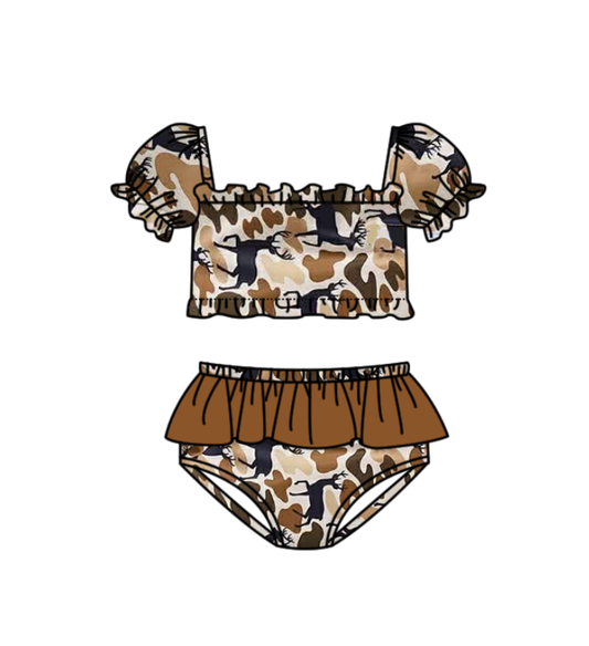 MOQ 5 PCS Preorder S0747 Deer Hunting Camouflage Brown Short Sleeve Top with Ruffle Bummies Swim Girls Sets Swimsuits 202603