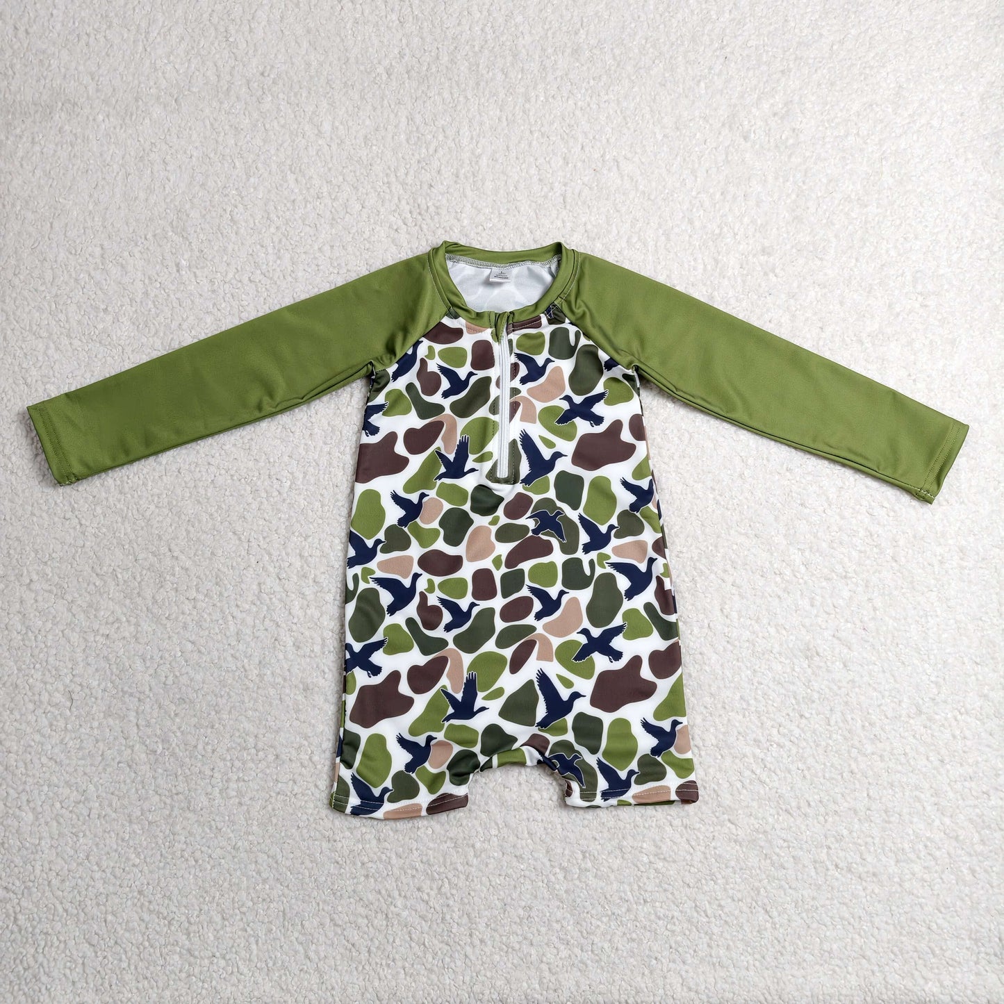 S0748 Duck Hunting Camouflage Dark Green Zipper Long Sleeve Romper Boys Swimsuits 202606 RTS