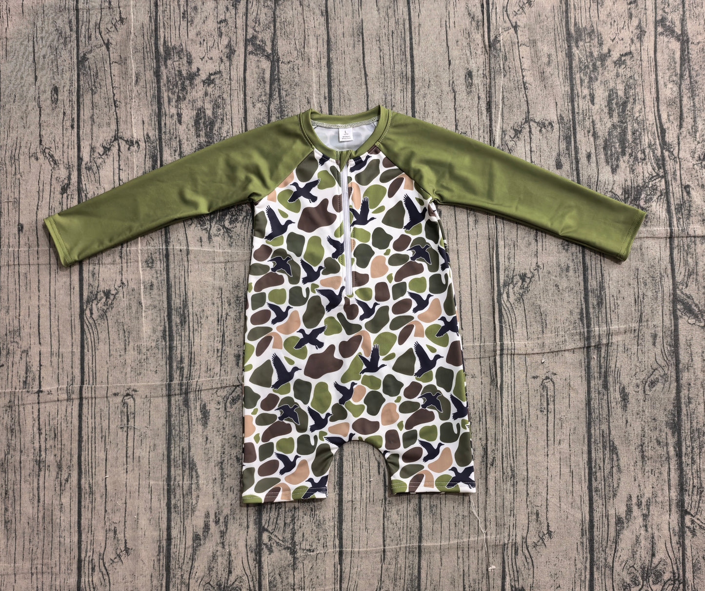 NO MOQ Preorder S0748 Duck Hunting Camouflage Dark Green Zipper Long Sleeve Romper Boys Swimsuits 202604
