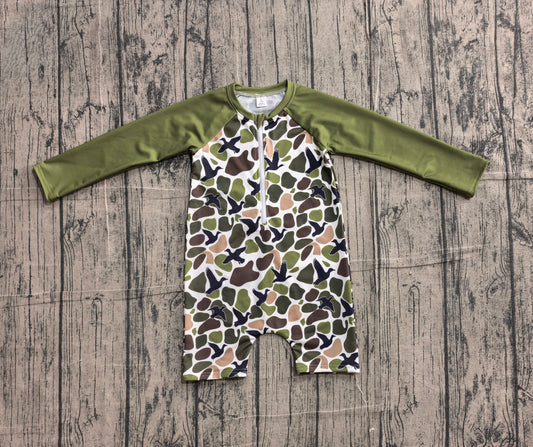 NO MOQ Preorder S0748 Duck Hunting Camouflage Dark Green Zipper Long Sleeve Romper Boys Swimsuits 202604