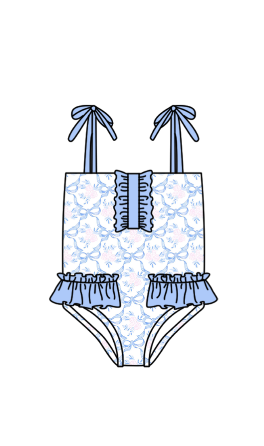 MOQ 5 PCS Preorder S0752 Flower Bows Blue Ruffle Sleeveless Bubble Romper Girls Swimsuits 202603