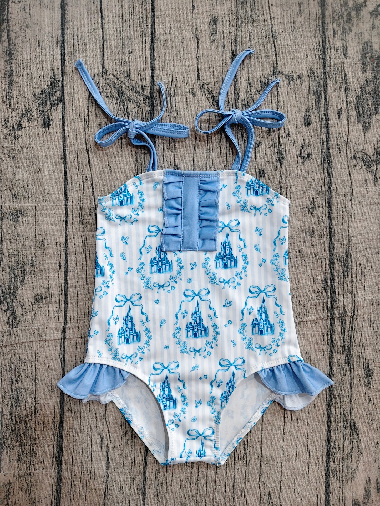 NO MOQ Preorder S0753 Bows Castle Stripe Blue Ruffle Sleeveless Bubble Romper Girls Swimsuits 202604
