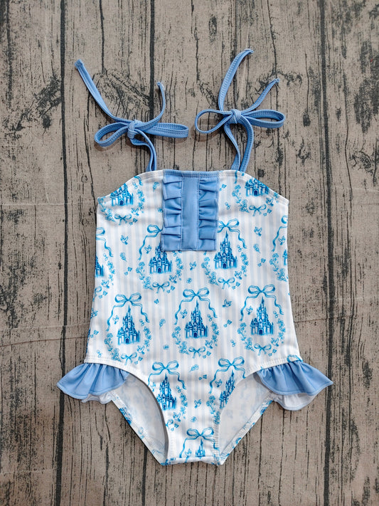 NO MOQ Preorder S0753 Bows Castle Stripe Blue Ruffle Sleeveless Bubble Romper Girls Swimsuits 202604