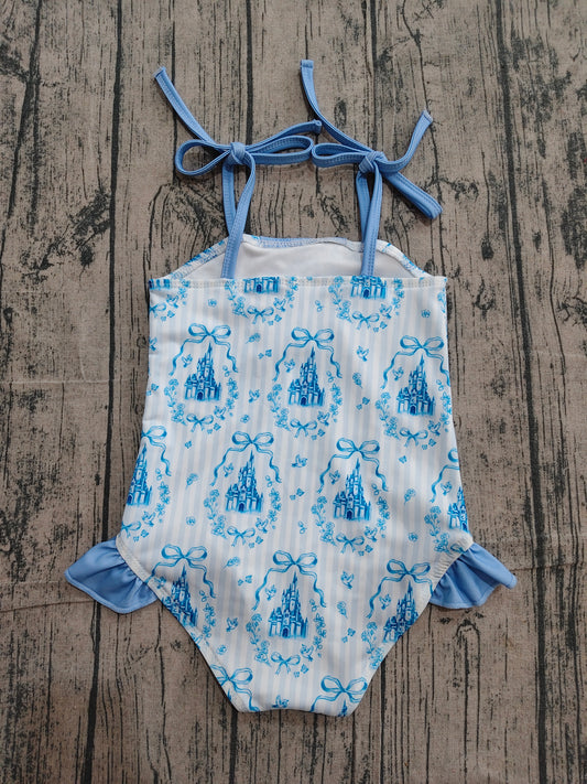 NO MOQ Preorder S0753 Bows Castle Stripe Blue Ruffle Sleeveless Bubble Romper Girls Swimsuits 202604