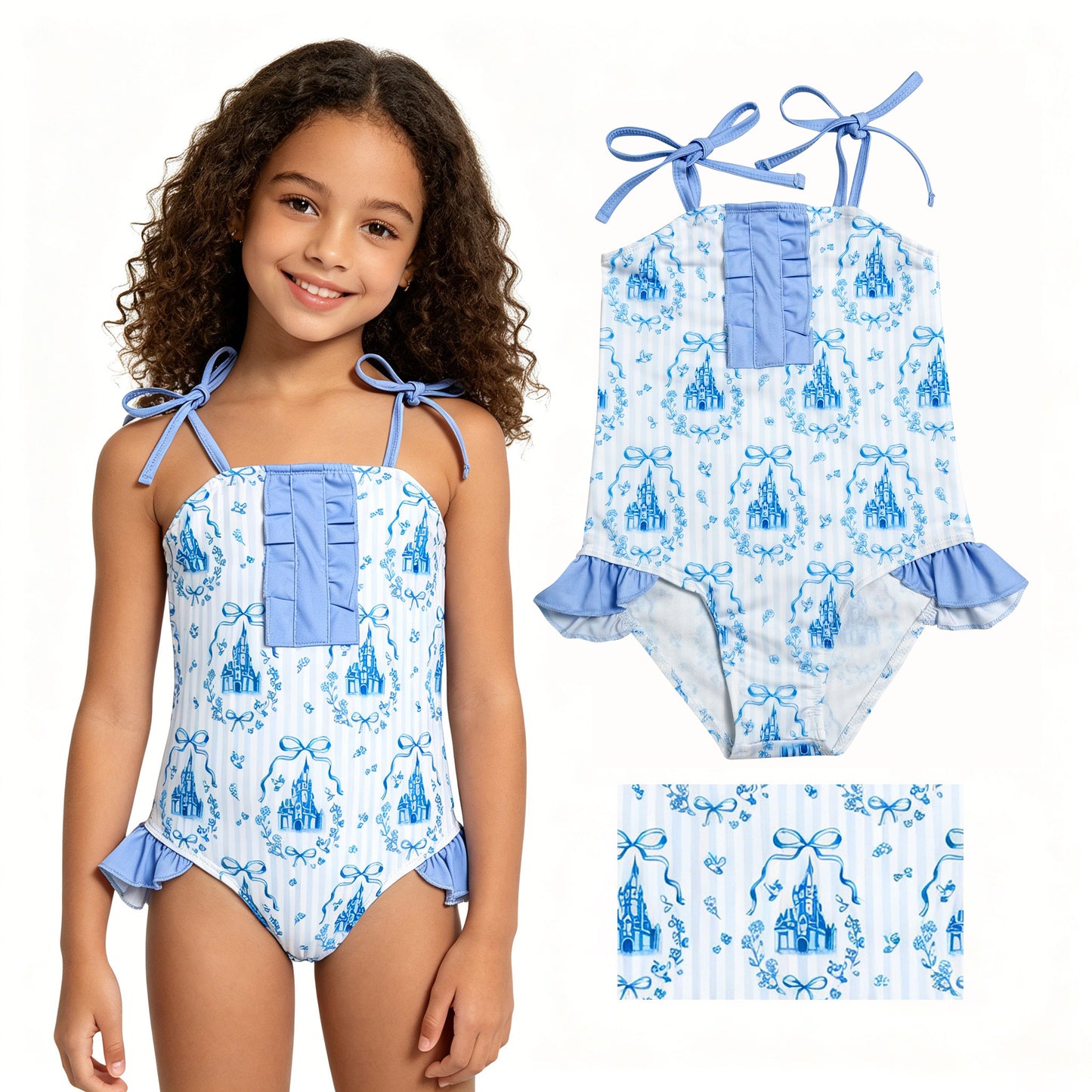 S0753 Bows Castle Stripe Blue Ruffle Sleeveless Bubble Romper Girls Swimsuits 202606 RTS
