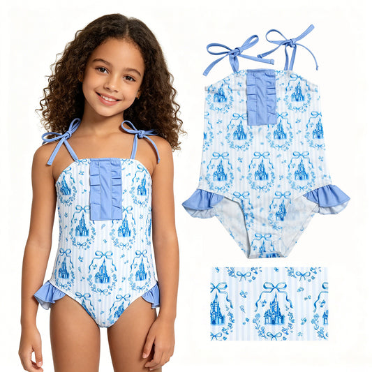 S0753 Bows Castle Stripe Blue Ruffle Sleeveless Bubble Romper Girls Swimsuits 202606 RTS