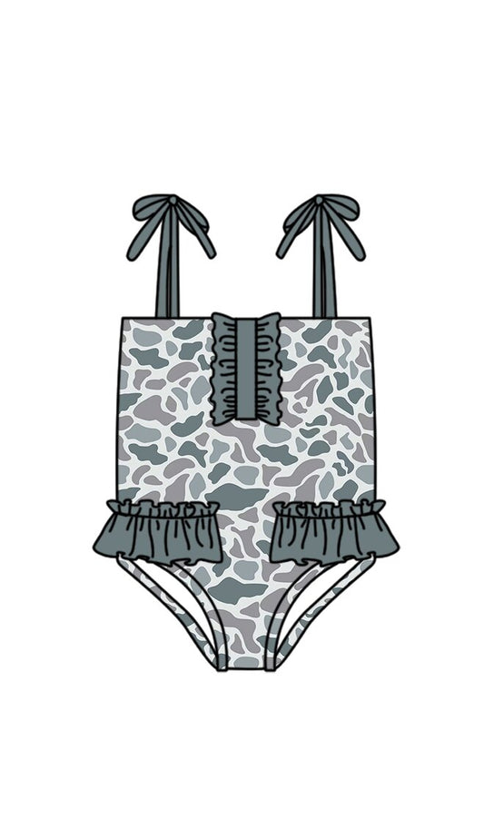 MOQ 5 PCS Preorder S0754 Gray Blue Camouflage Ruffle Sleeveless Bubble Romper Girls Swimsuits 202603