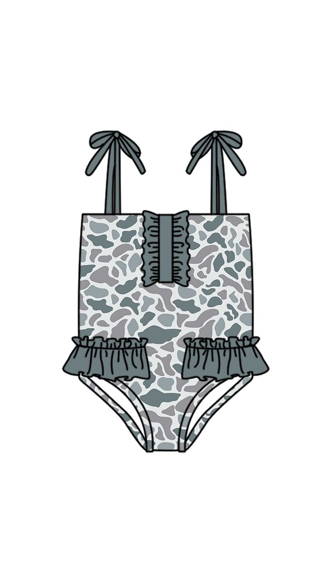 MOQ 5 PCS Preorder S0754 Gray Blue Camouflage Ruffle Sleeveless Bubble Romper Girls Swimsuits 202603