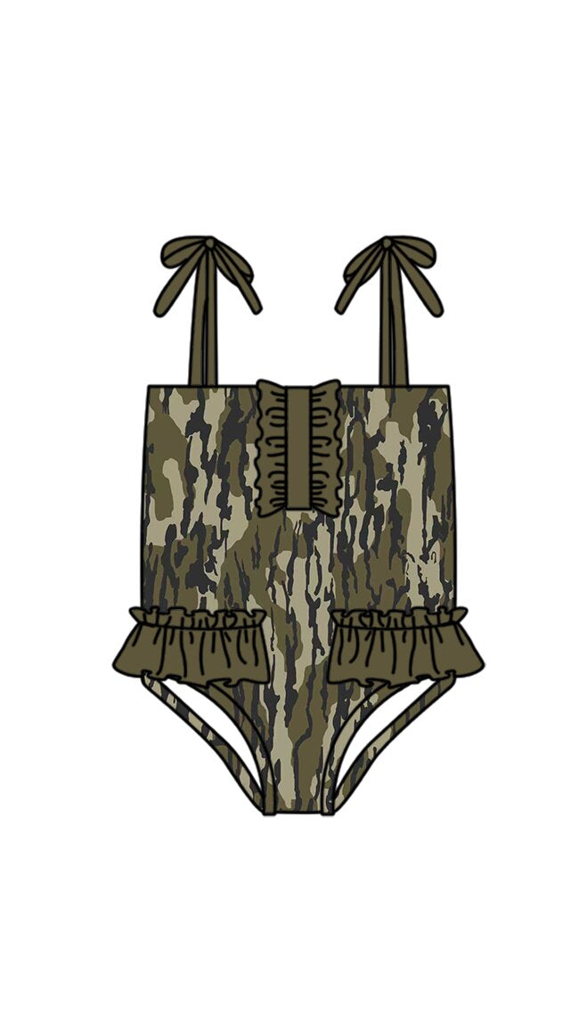 MOQ 5 PCS Preorder S0755 Army Green Leaf Camouflage Ruffle Sleeveless Bubble Romper Girls Swimsuits 202603