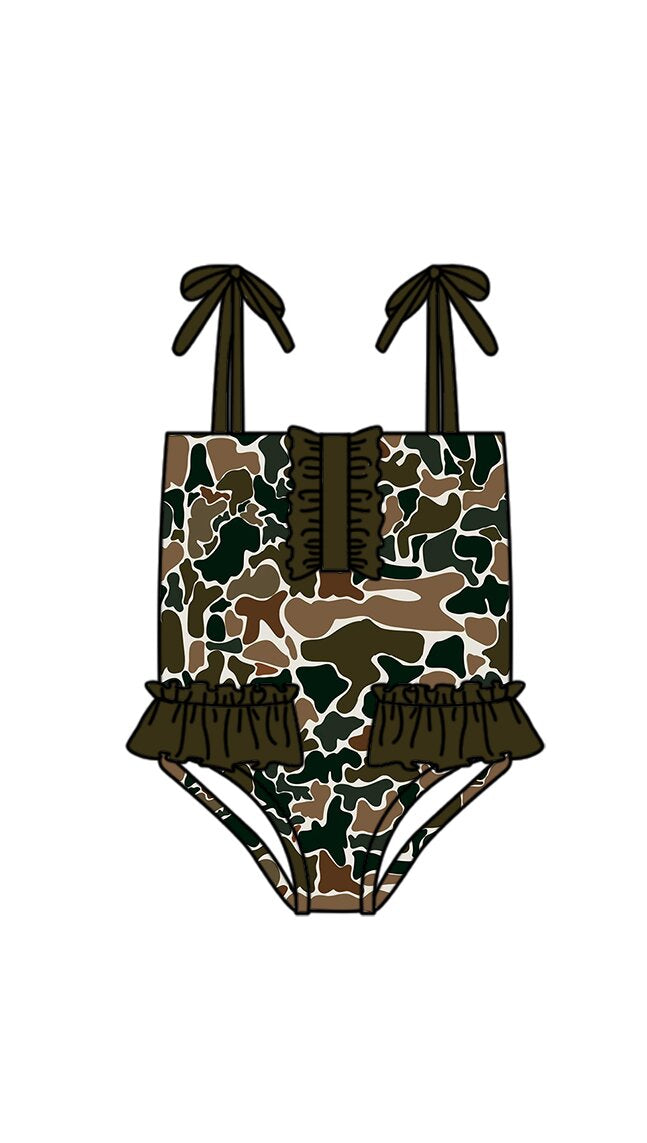 MOQ 5 PCS Preorder S0756 Brown Green Camouflage Ruffle Sleeveless Bubble Romper Girls Swimsuits 202603