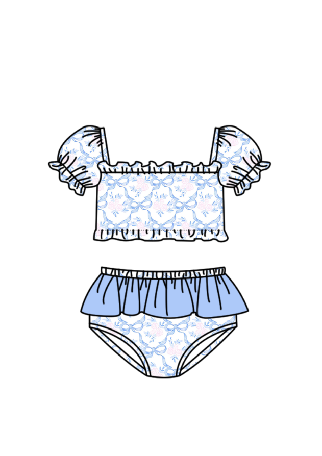 MOQ 5 PCS Preorder S0757 Flower Blue Bows Ruffle Short Sleeve Top with Ruffle Bummies Swim Girls Sets Swimsuits 202603