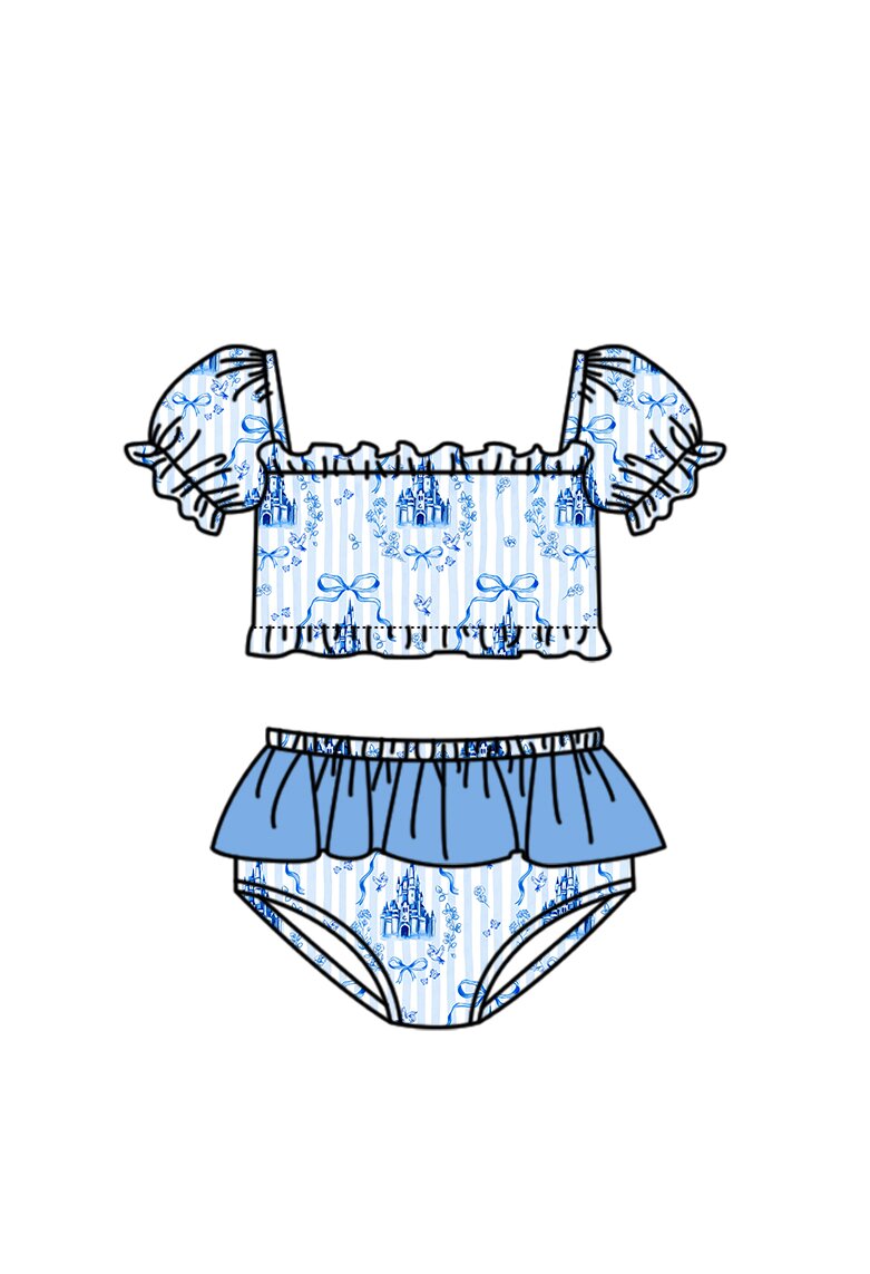 MOQ 5 PCS Preorder S0758 Blue Bows Castle Stripe Ruffle Short Sleeve Top with Ruffle Bummies Swim Girls Sets Swimsuits 202603