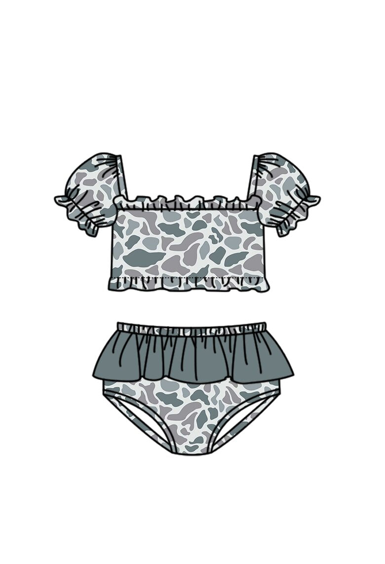 MOQ 5 PCS Preorder S0759 Gray Blue Camouflage Ruffle Short Sleeve Top with Ruffle Bummies Swim Girls Sets Swimsuits 202603