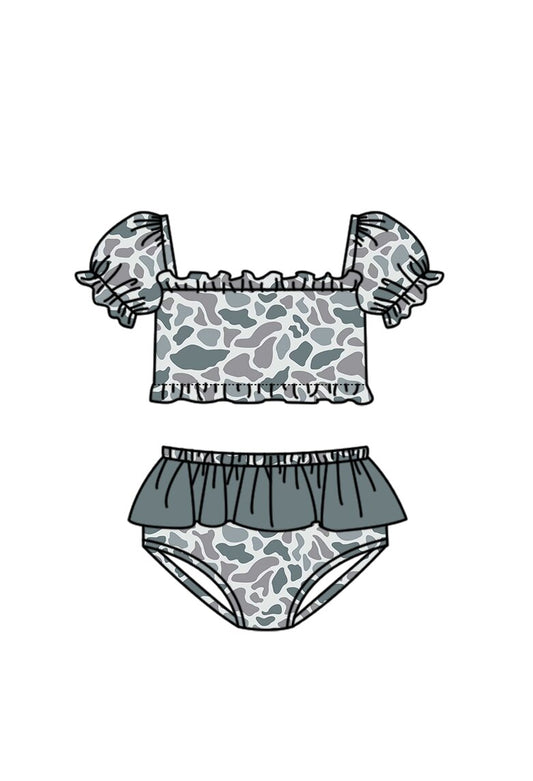 MOQ 5 PCS Preorder S0759 Gray Blue Camouflage Ruffle Short Sleeve Top with Ruffle Bummies Swim Girls Sets Swimsuits 202603