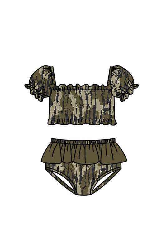 MOQ 5 PCS Preorder S0760 Army Green Leaf Camouflage Ruffle Short Sleeve Top with Ruffle Bummies Swim Girls Sets Swimsuits 202603