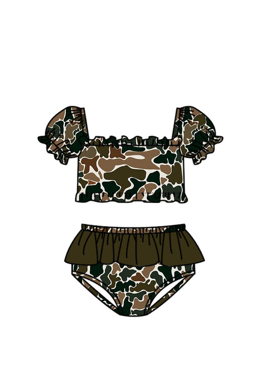MOQ 5 PCS Preorder S0761 Brown Green Camouflage Ruffle Short Sleeve Top with Ruffle Bummies Swim Girls Sets Swimsuits 202603
