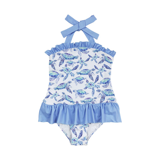 MOQ 5 PCS Preorder S0762 Turtle Blue Ruffle Halter Bubble Romper Girls Swimsuits 202603