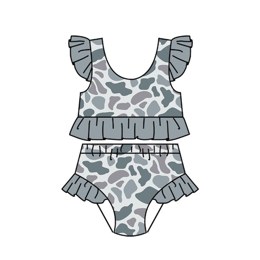 MOQ 5 PCS Preorder S0765 Gray Blue Camouflage Ruffle Flying Sleeve Top with Ruffle Bummies Swim Girls Sets Swimsuits 202603