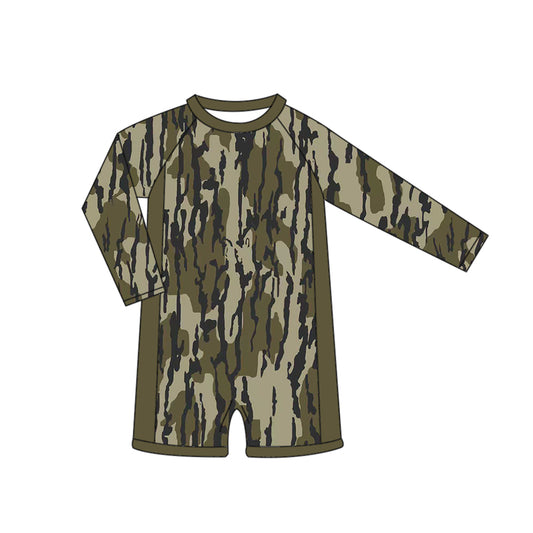 MOQ 5 PCS Preorder S0767 Army Green Leaf Camouflage Zipper Long Sleeve Romper Boys Swimsuits 202603
