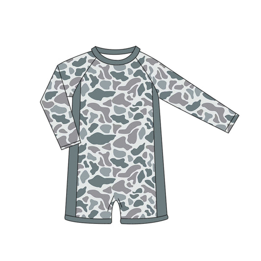 MOQ 5 PCS Preorder S0768 Gray Blue Camouflage Zipper Long Sleeve Romper Boys Swimsuits 202603