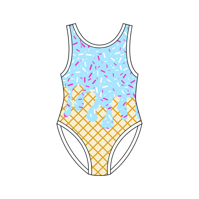 MOQ 5 PCS Preorder S0775 Waffle Ice Cream Light Blue Sleeveless Bubble Romper Girls Swimsuits 202604