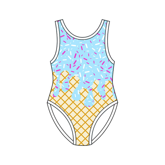 MOQ 5 PCS Preorder S0775 Waffle Ice Cream Light Blue Sleeveless Bubble Romper Girls Swimsuits 202604