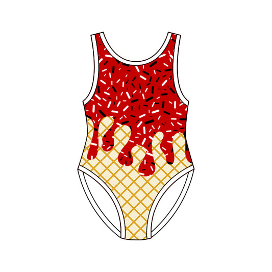 MOQ 5 PCS Preorder S0776 Waffle Ice Cream Red Sleeveless Bubble Romper Girls Swimsuits 202604