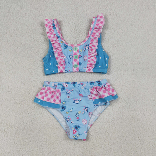 S0777 Dots Pink Plaid Ruffle Flying Sleeve Blue Bubble Bummies Girls Swim Sets Swimsuits 202604 RTS