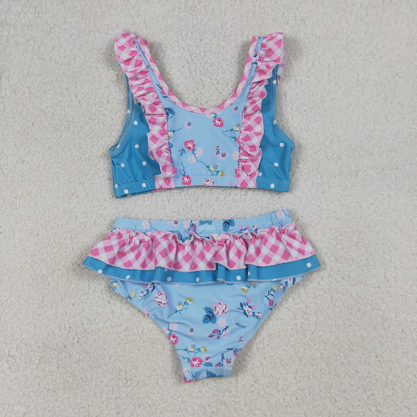 S0777 Dots Pink Plaid Ruffle Flying Sleeve Blue Bubble Bummies Girls Swim Sets Swimsuits 202604 RTS