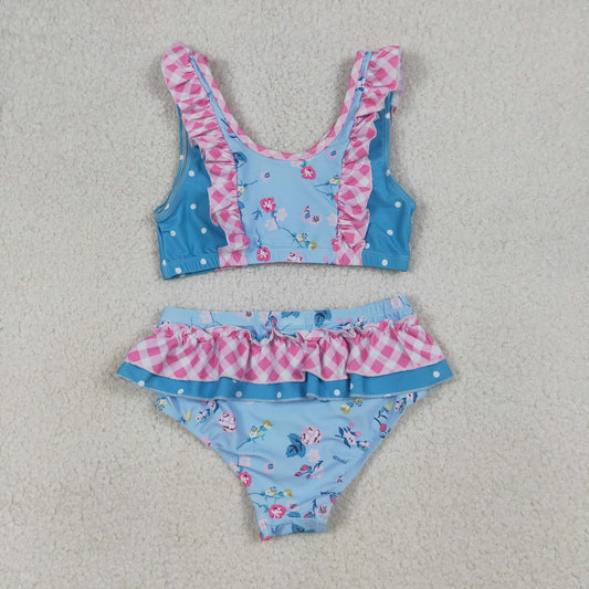 S0777 Dots Pink Plaid Ruffle Flying Sleeve Blue Bubble Bummies Girls Swim Sets Swimsuits 202604 RTS