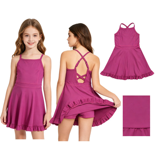 S0778原sku-SS0441 Solid Purple Ruffle Halter Yoga Dresses for Girls 202605 RTS