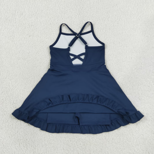S0779 Solid Navy Ruffle Halter Yoga Dresses for Girls 202607 RTS