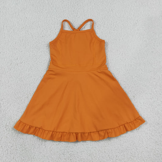 S0780 Solid Orange Ruffle Halter Yoga Dresses for Girls 202608 RTS