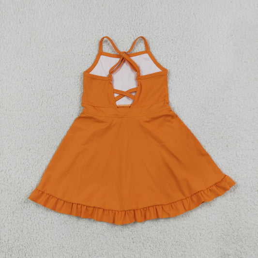 S0780 Solid Orange Ruffle Halter Yoga Dresses for Girls 202608 RTS