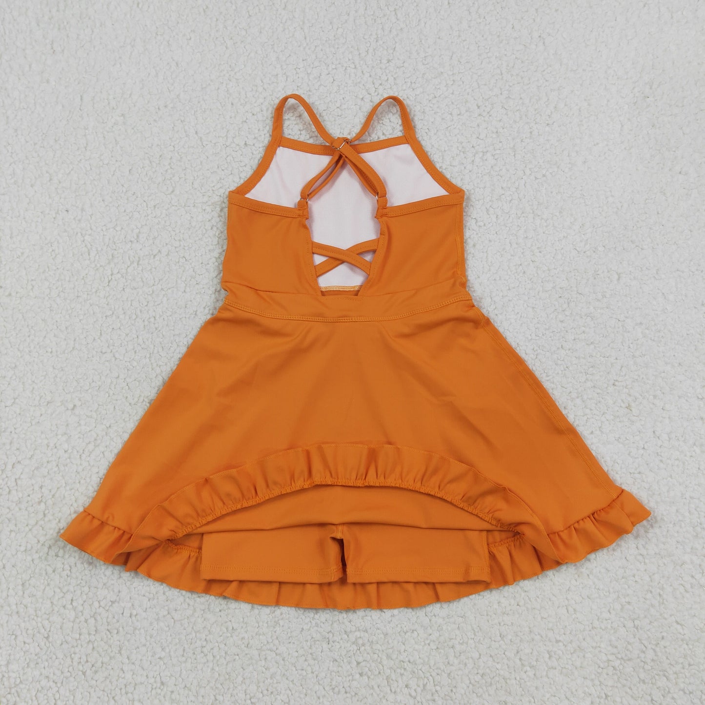 S0780 Solid Orange Ruffle Halter Yoga Dresses for Girls 202608 RTS